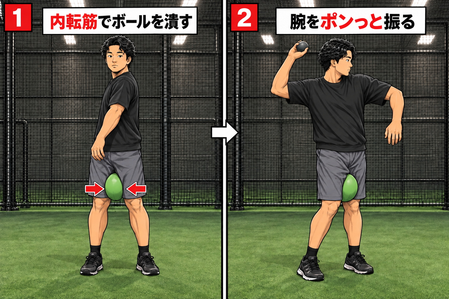 内腿ボール潰し→腕をポンと振る